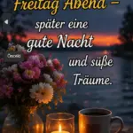 Eine Blumenvase, eine brennende Kerze im Glas und eine Kaffeetasse stehen abends neben einem geöffneten Buch auf einem Holztisch am See.