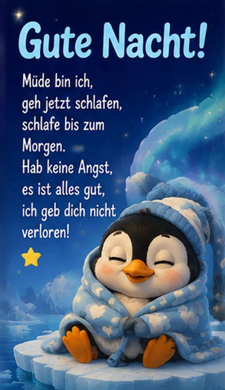 Pinguin Motiv transportiert ein Gute Nacht Gedicht Kinder