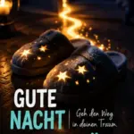 Schlaf außergewöhnliche Gute Nacht Bilder mit kuscheligen Hausschuhen und einem leuchtenden Sternenpfad.