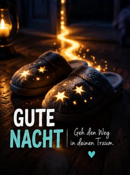 Schlaf außergewöhnliche Gute Nacht Bilder mit kuscheligen Hausschuhen und einem leuchtenden Sternenpfad.