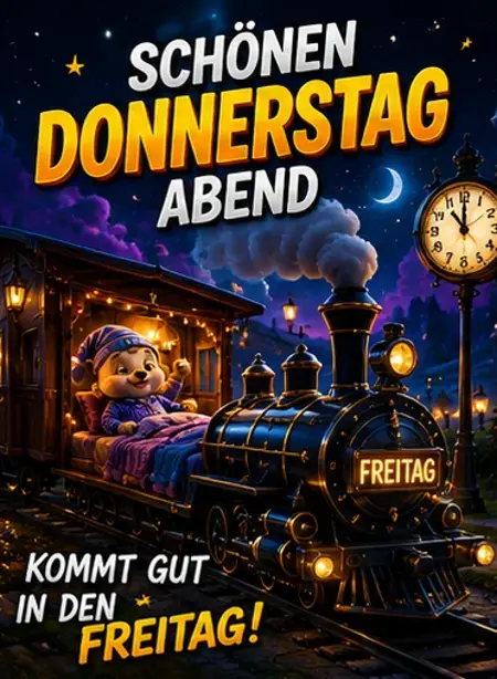 Schönen Donnerstag Abend Bilder Whatsapp Kostenlos mit einem niedlichen Teddy im Zug für einen guten Start in den Freitag