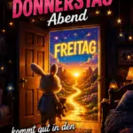Schönen Donnerstag Abend, kommt gut in den Freitag Schönen Donnerstag Abend, kommt gut in den Freitag Bild mit einem kleinen Hasen im Pyjama an einer geöffneten Tür zum Sonnenaufgang.
