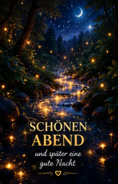 Schönen Mittwochabend und später eine gute Nacht lustig Bild mit leuchtendem Bachlauf im Wald, Glühwürmchen, Sichelmond und Sternenhimmel.