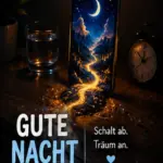 Süß außergewöhnliche Gute Nacht Bilder mit einem Smartphone, aus dem ein leuchtender goldener Fluss fließt.