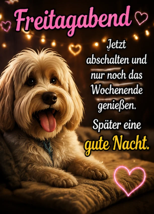 Süße Freitagabend Grüße mit glücklichem Hund