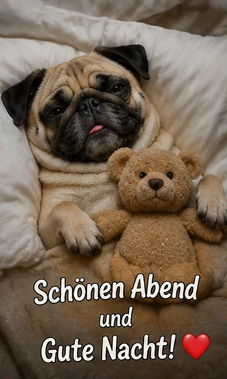 Süße Gute Nacht Grüße mit Mops und Teddy