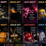 Verrückt witzige Gute Nacht Bilder Collage mit Tom, Daffy Duck, Rosaroter Panther, Minion, Garfield, Kojote, M&M und Geist.