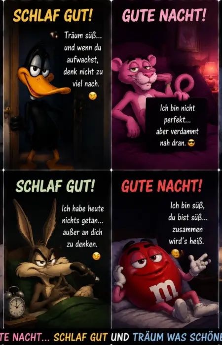 Verrückt witzige Gute Nacht Bilder Collage mit Tom, Daffy Duck, Rosaroter Panther, Minion, Garfield, Kojote, M&M und Geist.