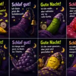 Witzig lustige Gute Nacht Bilder für WhatsApp Collage mit Banane, Aubergine, Gurke, Erdbeere, Avocado, Weintraube, Zitrone und Karotte.
