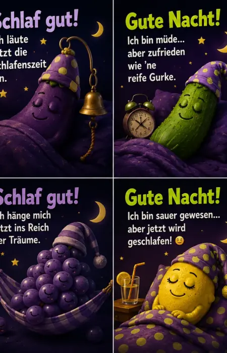 Witzig lustige Gute Nacht Bilder für WhatsApp Collage mit Banane, Aubergine, Gurke, Erdbeere, Avocado, Weintraube, Zitrone und Karotte.