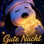 Gute Nacht Snoopy Bilder Neu mit einem schlafenden Hund, der eine sternenbesetzte Schlafmütze trägt und einen leuchtenden Vollmond hält.