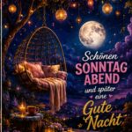 Schönen Sonntag Abend und guten Start in die neue Woche GIF Bild mit einem hängenden Korbsessel im Garten bei Nacht, leuchtenden Laternen, Blumen und einem sternenklaren Himmel.