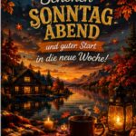 Schönen Sonntag Abend und guten Start in die neue Woche Herbst Bild mit einer idyllischen Landschaft bei Sonnenuntergang, Bergen, einem See und herbstlichen Bäumen.
