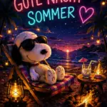 Snoopy Gute Nacht Sommer Bild mit einem Hund im Liegestuhl am Strand, einem Neon-Schriftzug am Nachthimmel, Palmen und einem kleinen Lagerfeuer.