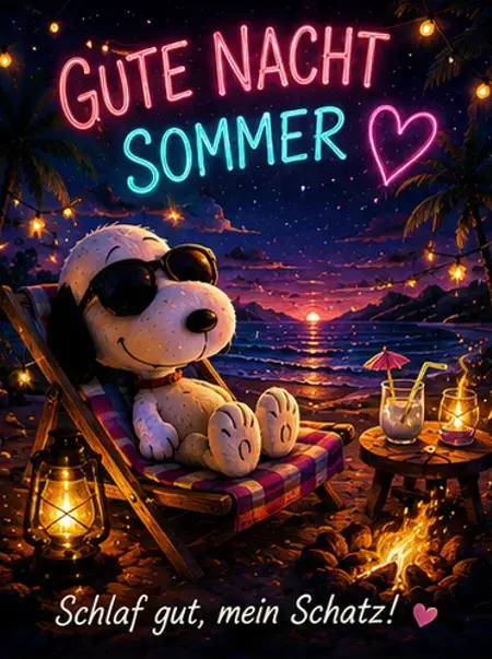 Snoopy Gute Nacht Sommer Bild mit einem Hund im Liegestuhl am Strand, einem Neon-Schriftzug am Nachthimmel, Palmen und einem kleinen Lagerfeuer.