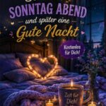 WhatsApp Schönen Sonntag Abend und später eine gute Nacht Bild mit einem Schlafzimmer bei Nacht, kleinen Teelichtern auf einem Holztablett, einer Blumenvase und Lichterketten am Fenster.